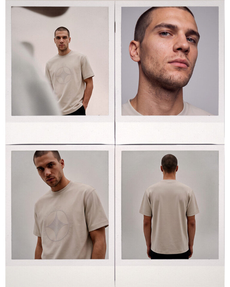 Shoeby Studio collection for men met relaxed fit Cross Stitch T-shirt in gebroken wit, vanuit vier verschillende aanzichten.