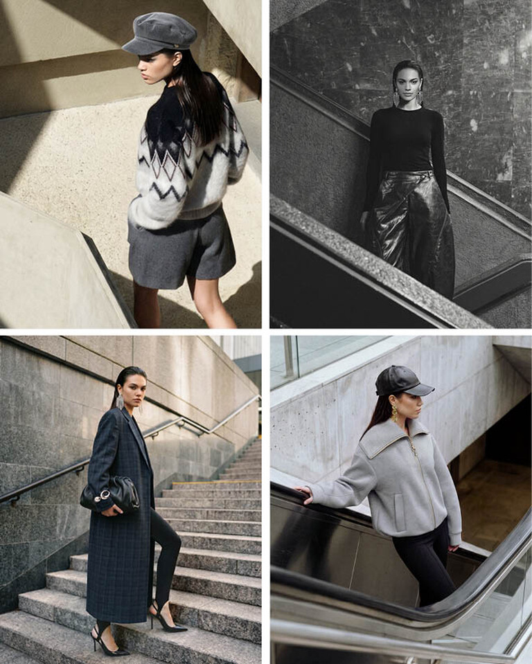 Nieuwe Shoeby Studio damescollectie met vier looks in zwart en grijstinten, waaronder knitwear, tailoring en vegan leather.
