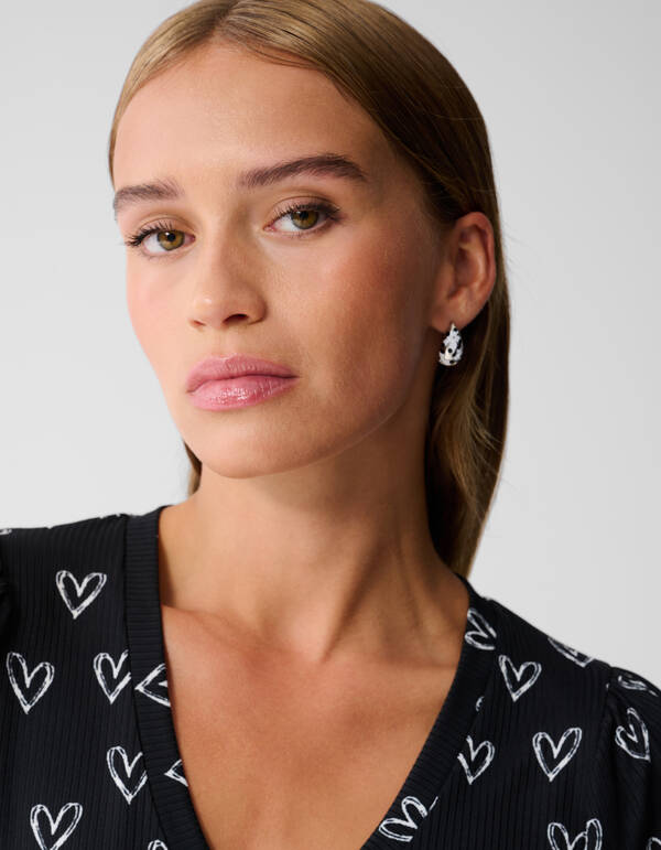 Heart Printed Rib Jersey Top Zwart SHOEBY WOMEN
