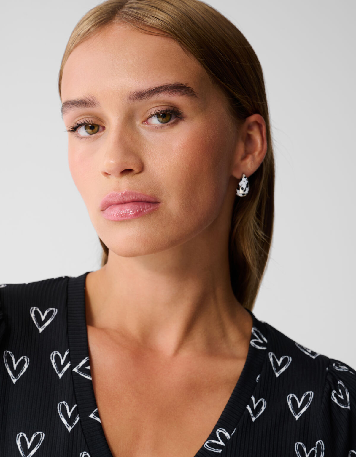 Heart Printed Rib Jersey Top Zwart SHOEBY WOMEN