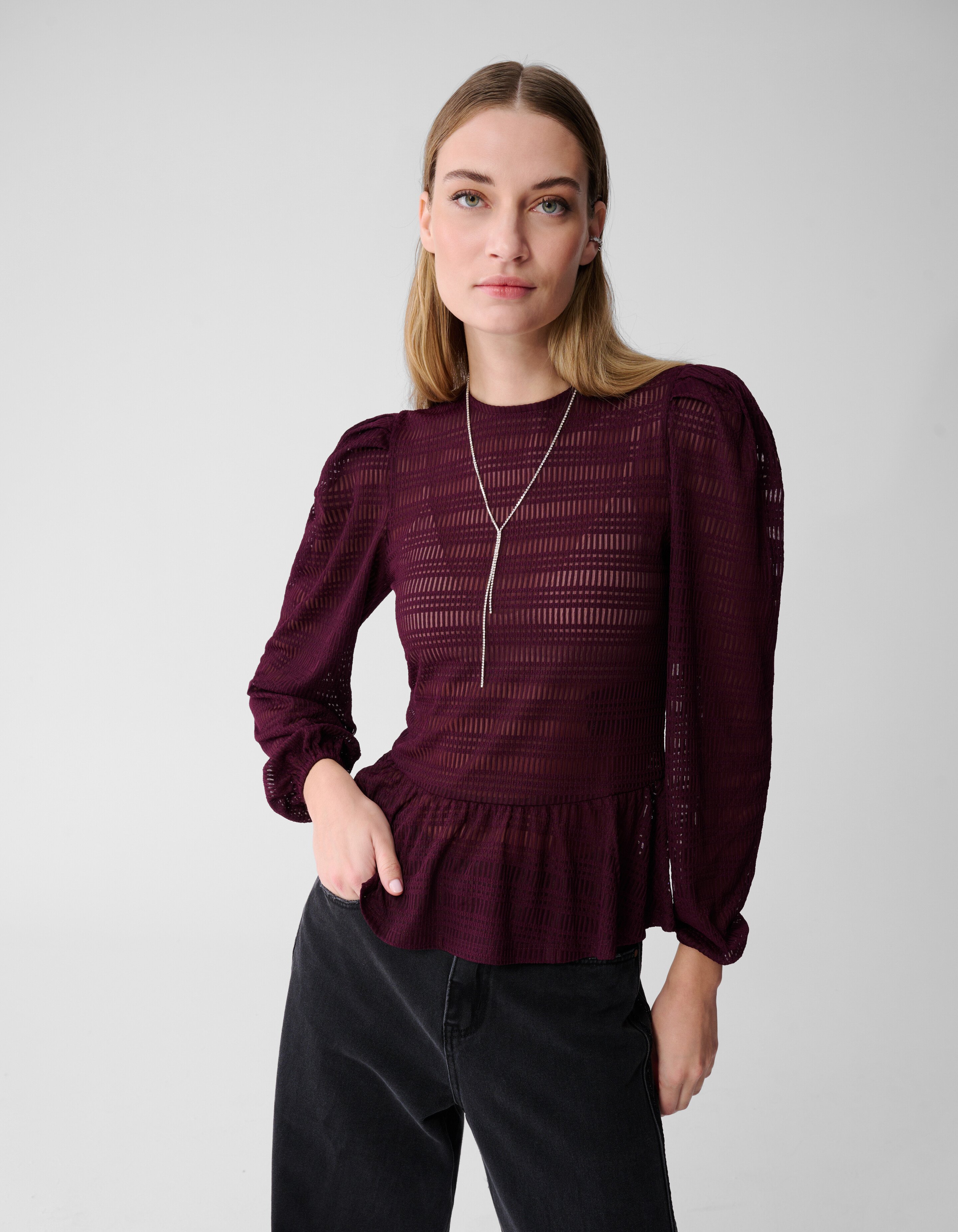 Mesh Structuur Blouse Donkerrood SHOEBY WOMEN