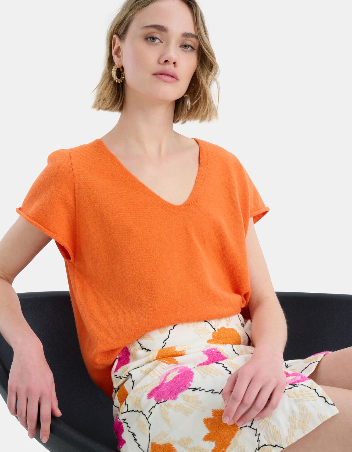 Gebreide V-Hals Top Oranje EKSEPT