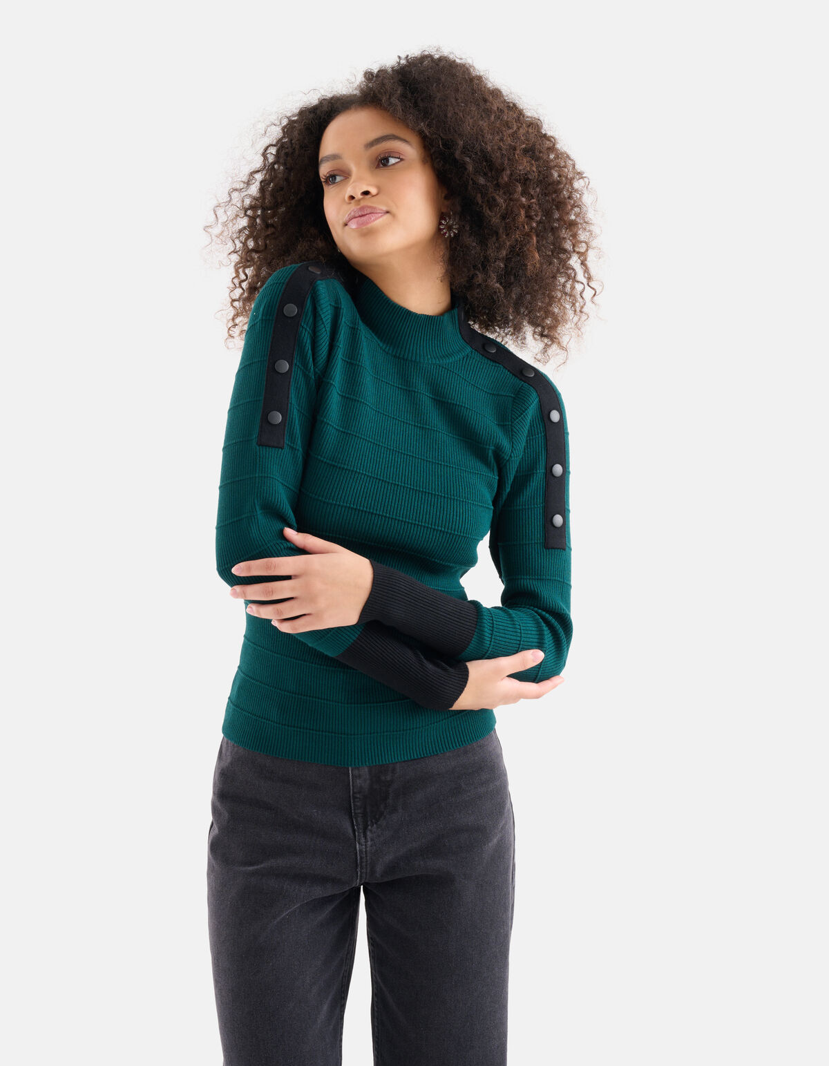 Knopen Detail Pullover Donkergroen SHOEBY WOMEN