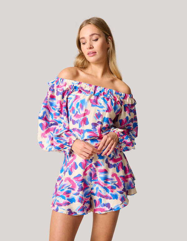 Printed Off Shoulder Top Gebroken Wit SHOEBY WOMEN