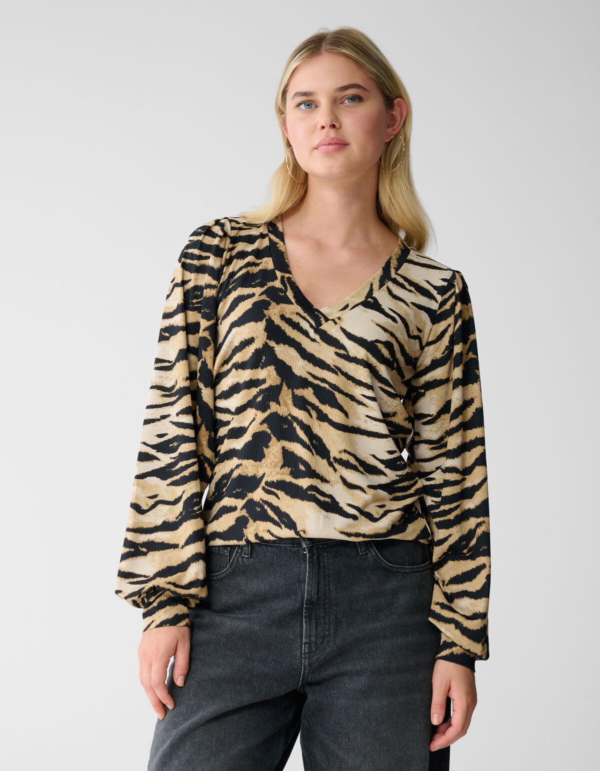 Tijgerprint Rib Jersey Top Bruin SHOEBY WOMEN
