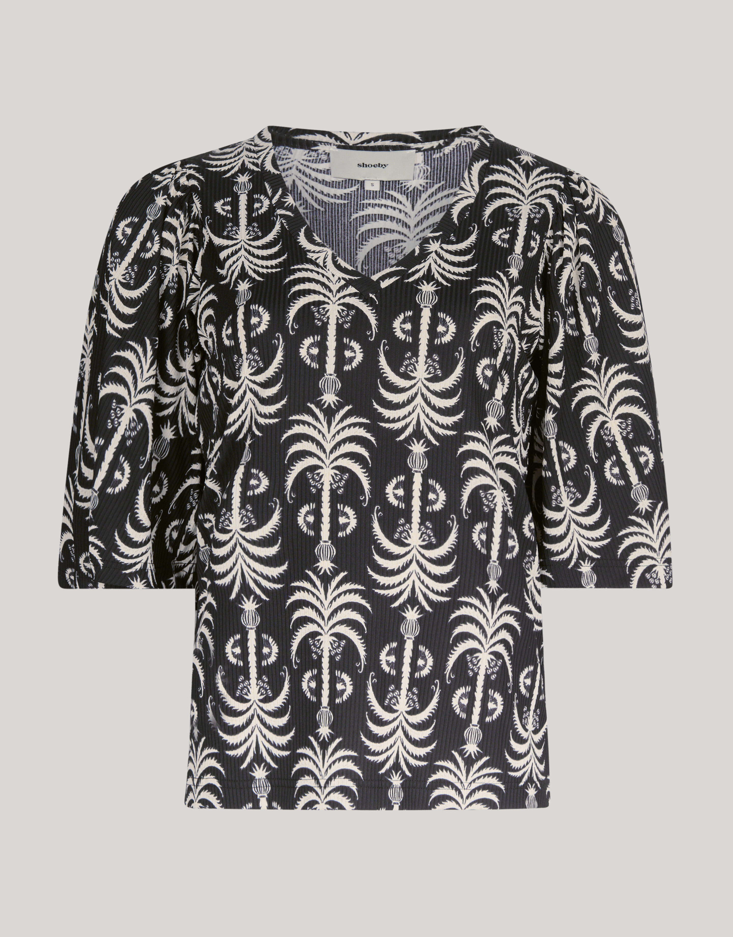 Printed Rib Jersey Ruffle Top Zwart SHOEBY WOMEN