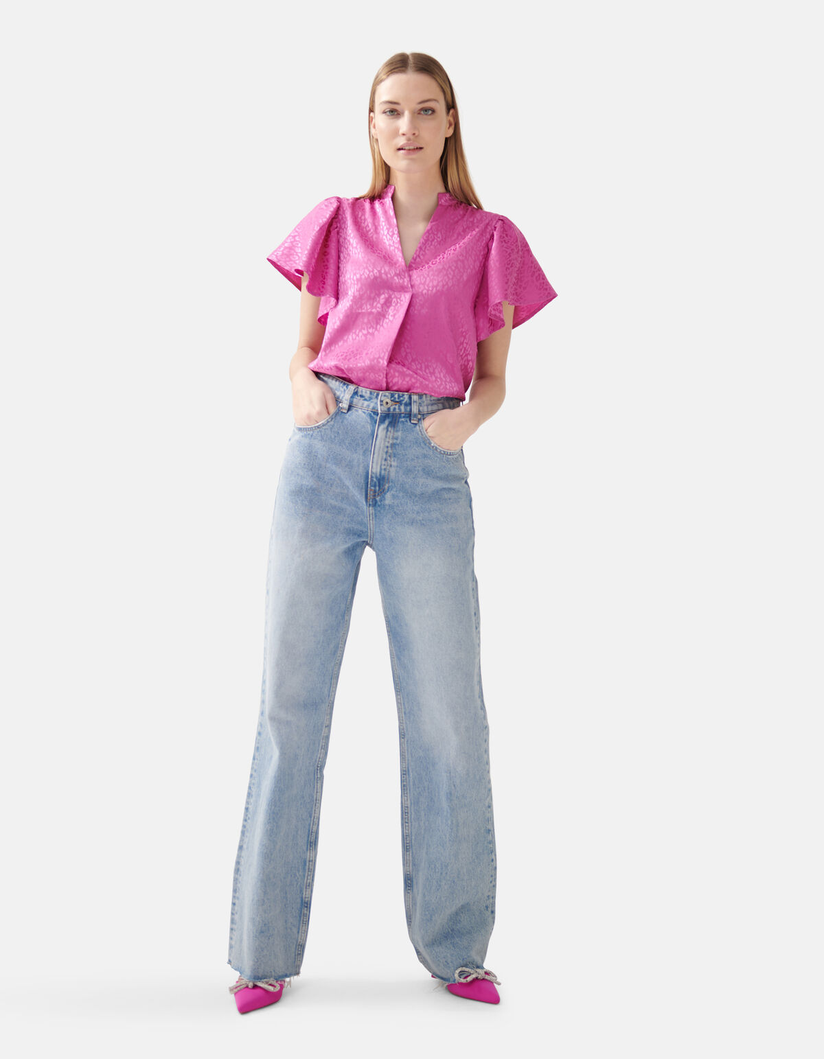 Jacquard Ruffle Blouse Roze SHOEBY WOMEN
