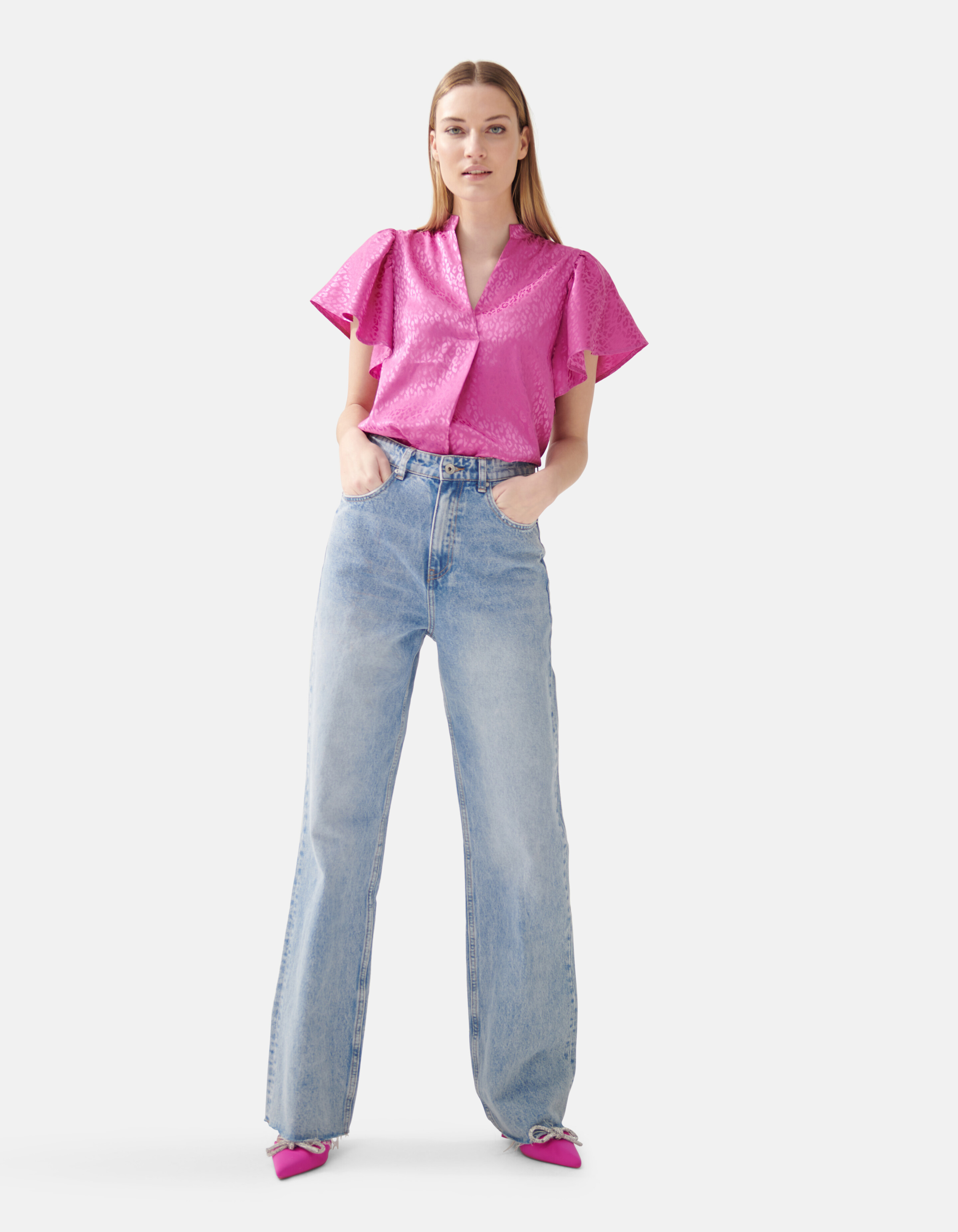 Jacquard Ruffle Blouse Roze SHOEBY WOMEN