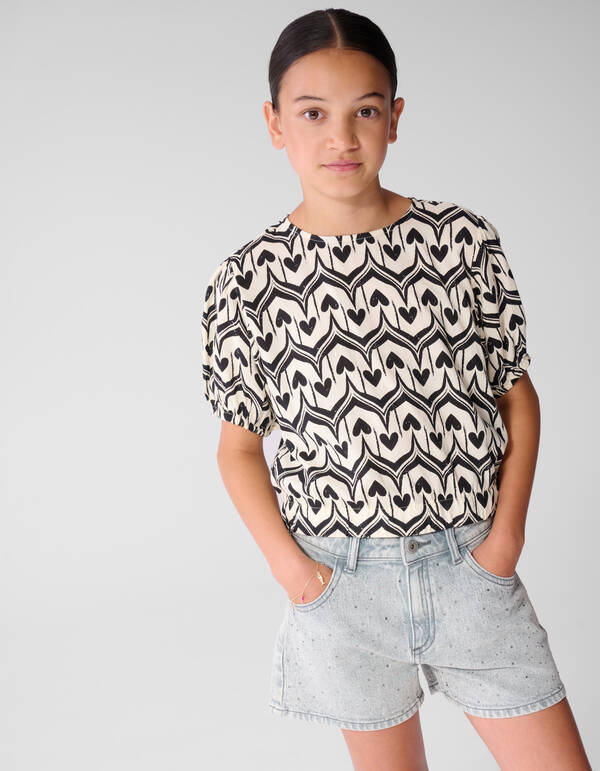 Heart Print Top Gebroken Wit/Zwart SHOEBY GIRLS