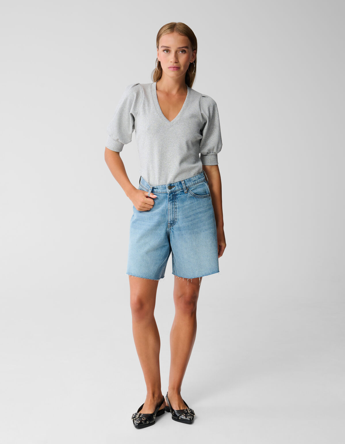 Puff V-hals Top Grijs SHOEBY WOMEN