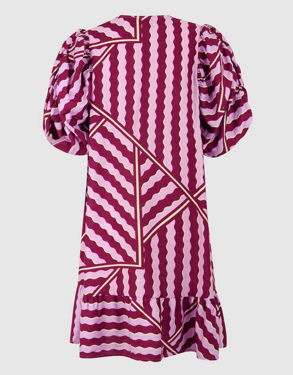 Wavy Printed Puffy Sleeve Mini Jurk Roze/Paars SHOEBY WOMEN