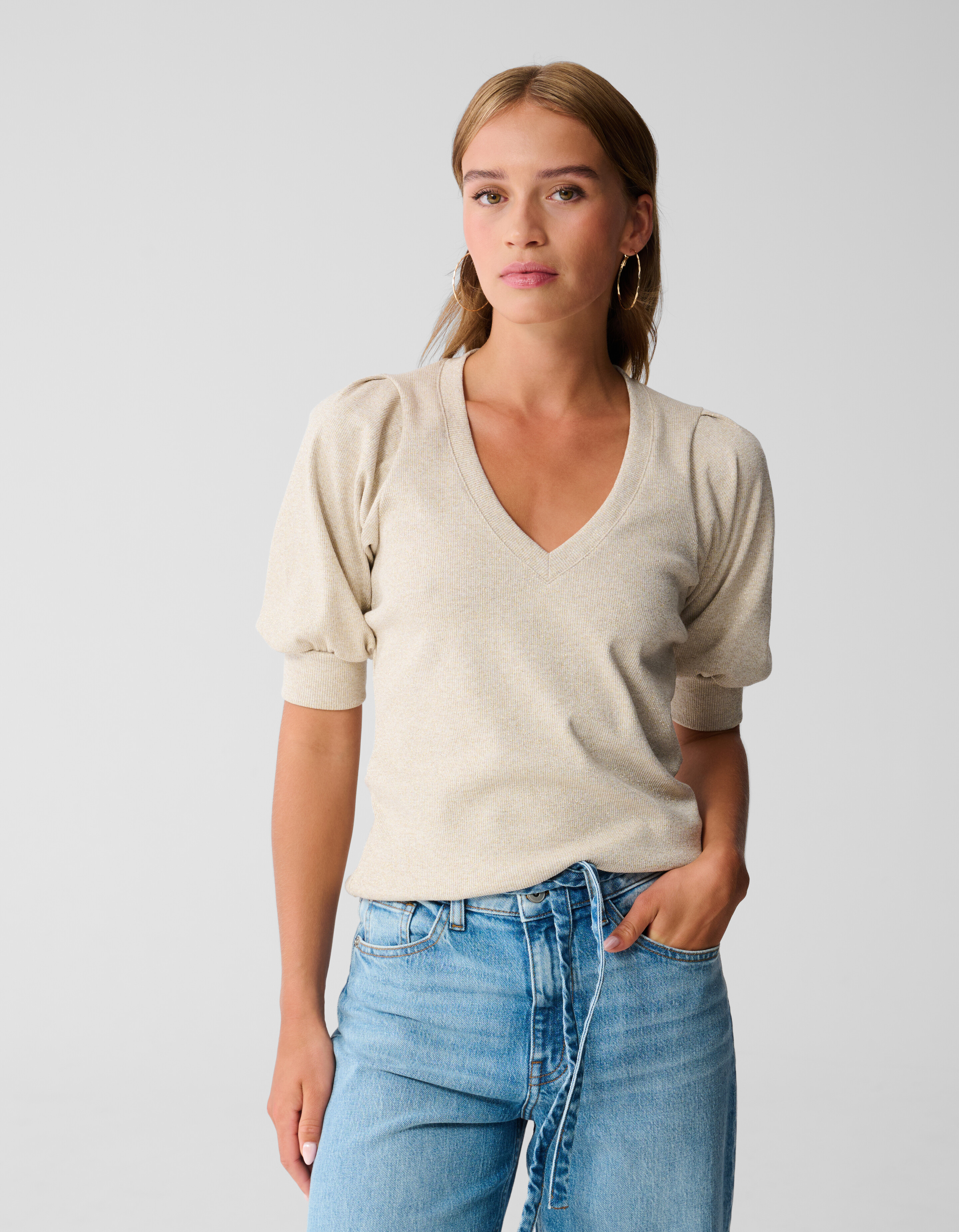 Puff V-hals Top Beige SHOEBY WOMEN