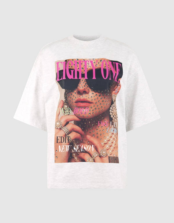 Oversized Magazine Artwork T-shirt Lichtgrijs SHOEBY WOMEN