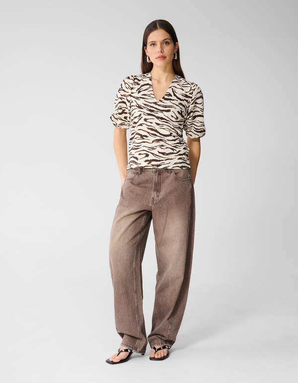 Zebra Crinkle V-Hals Top Gebroken Wit SHOEBY WOMEN