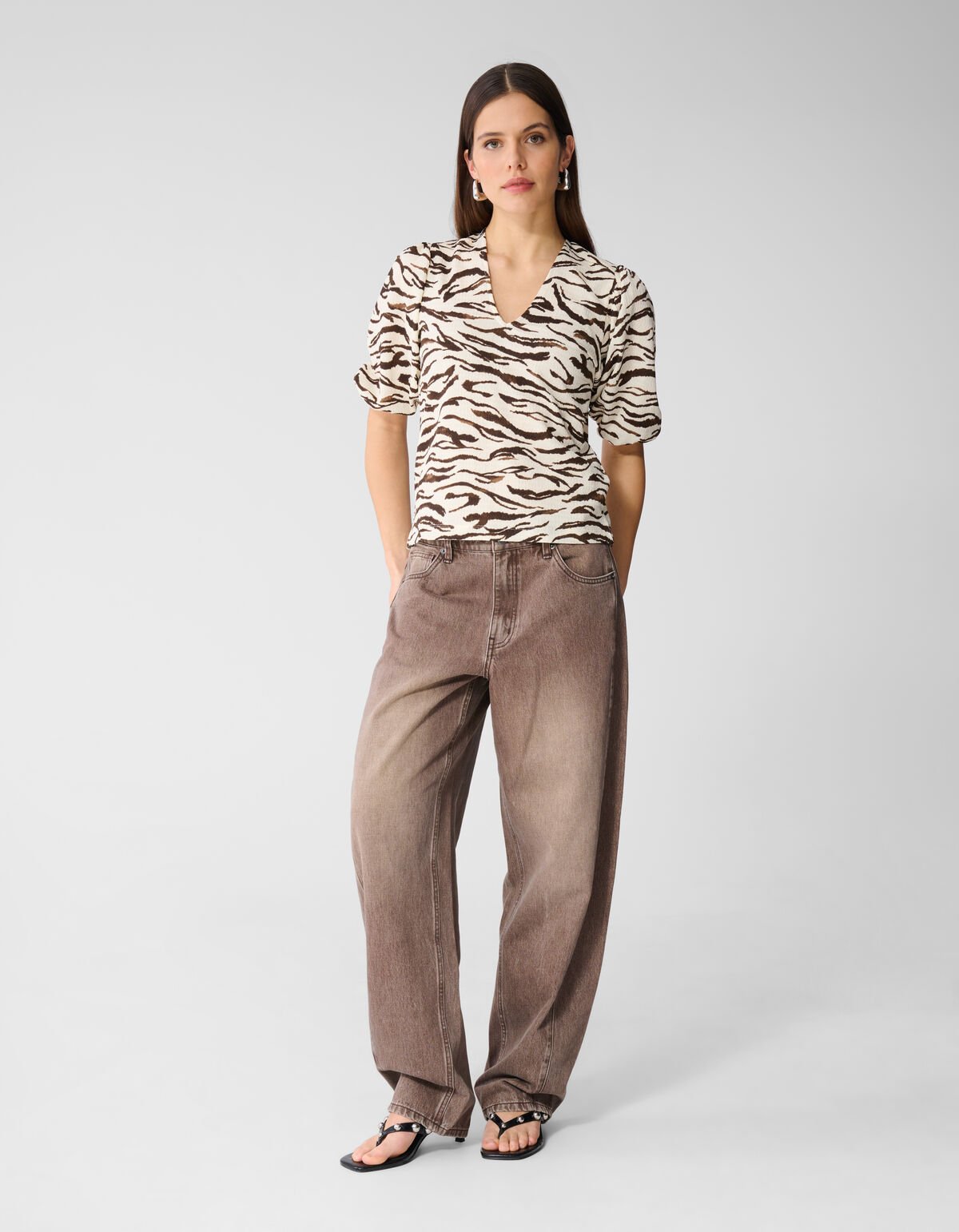 Zebra Crinkle V-Hals Top Gebroken Wit SHOEBY WOMEN