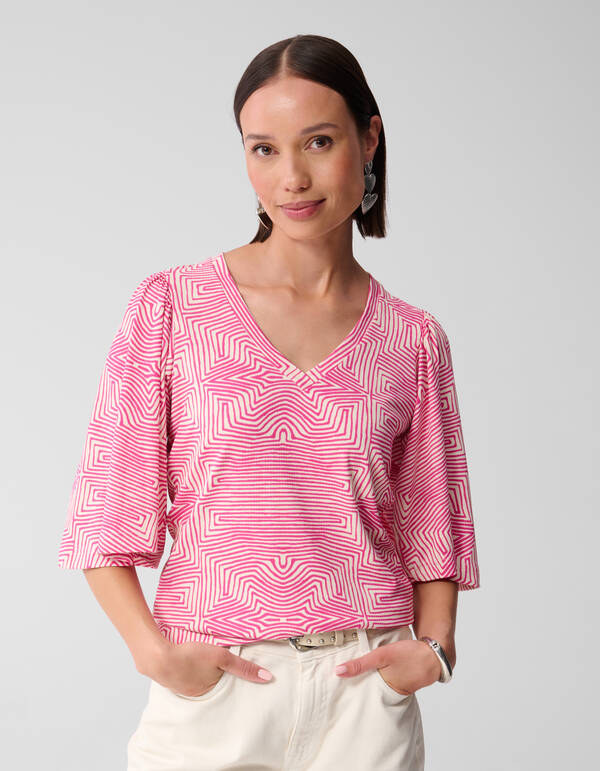 Printed Ruffle Rib Top Roze SHOEBY WOMEN