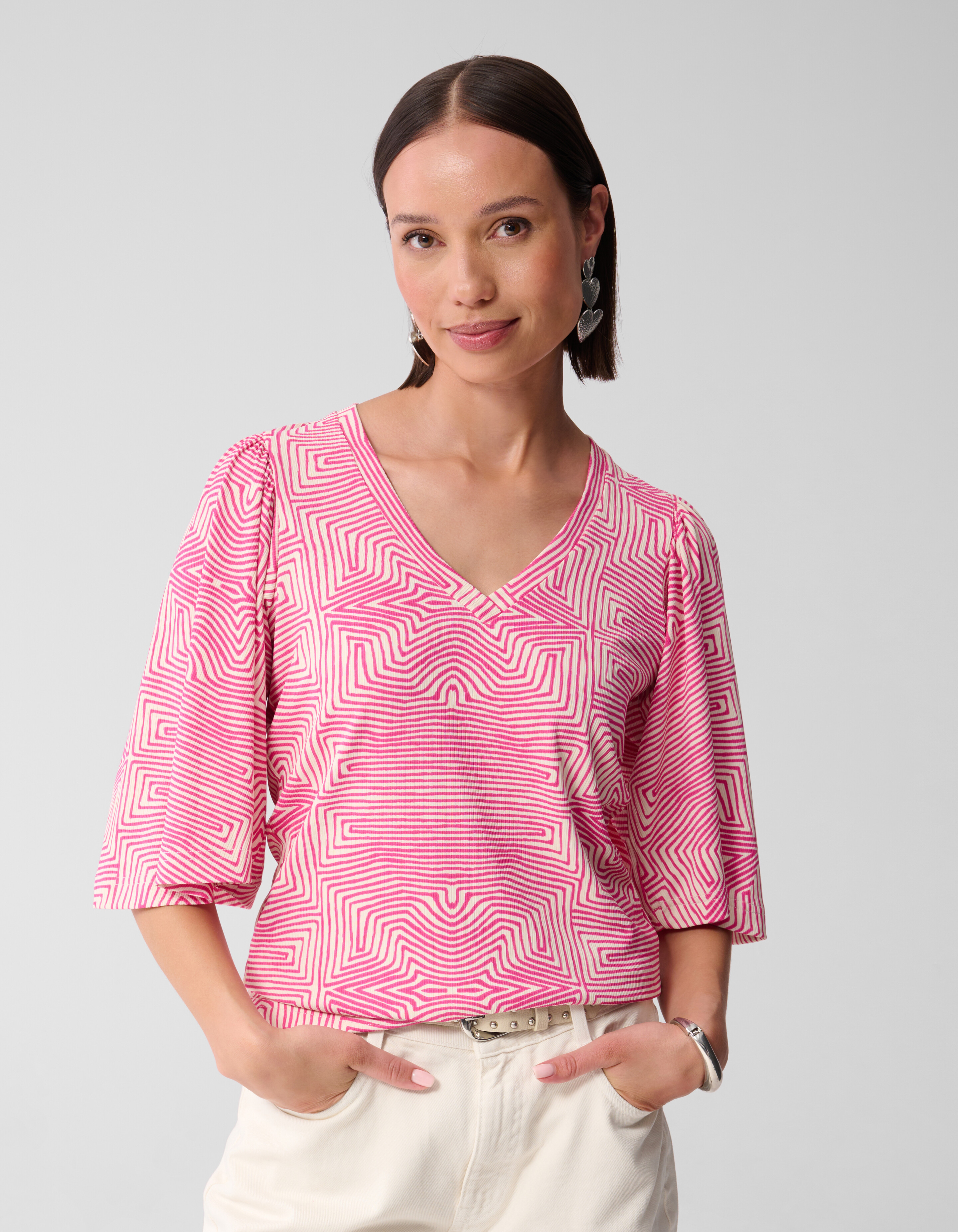 Printed Ruffle Rib Top Roze SHOEBY WOMEN