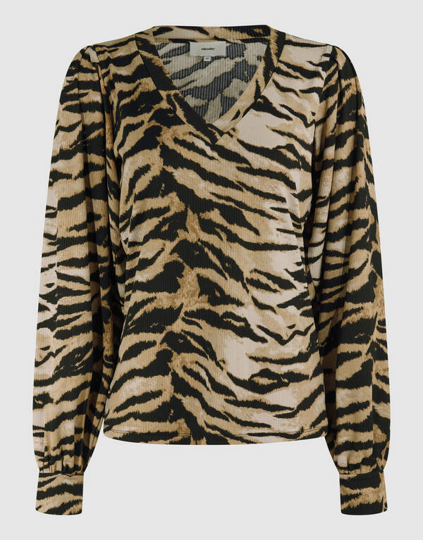 Tijgerprint Rib Jersey Top Bruin SHOEBY WOMEN
