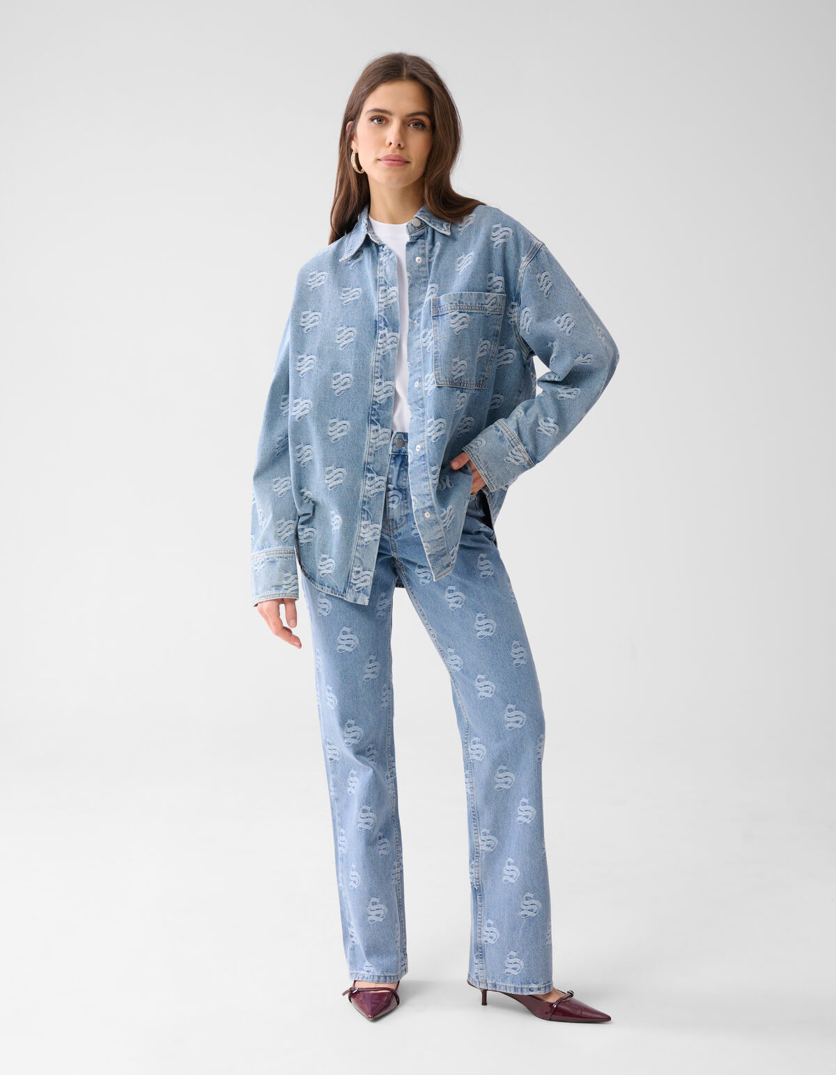 Jacquard Logo Denim Blouse Mediumstone SHOEBY WOMEN