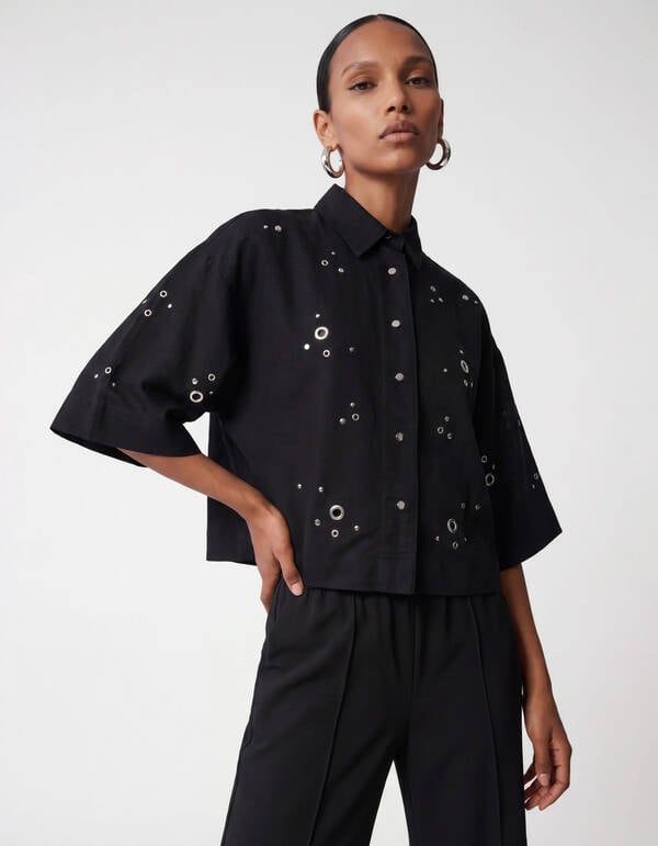 Linnen Eyelet Blouse Zwart SHOEBY WOMEN