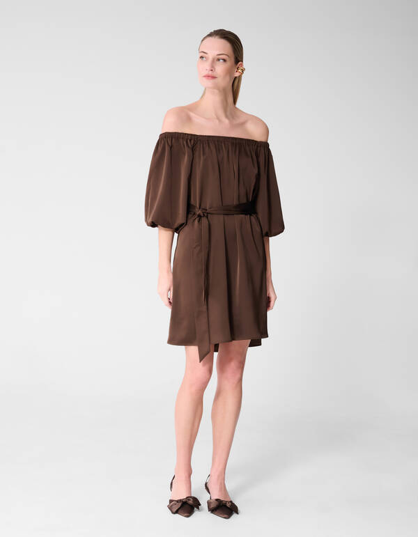 Satijnen Off Shoulder Mini Jurk Bruin By Fred SHOEBY WOMEN
