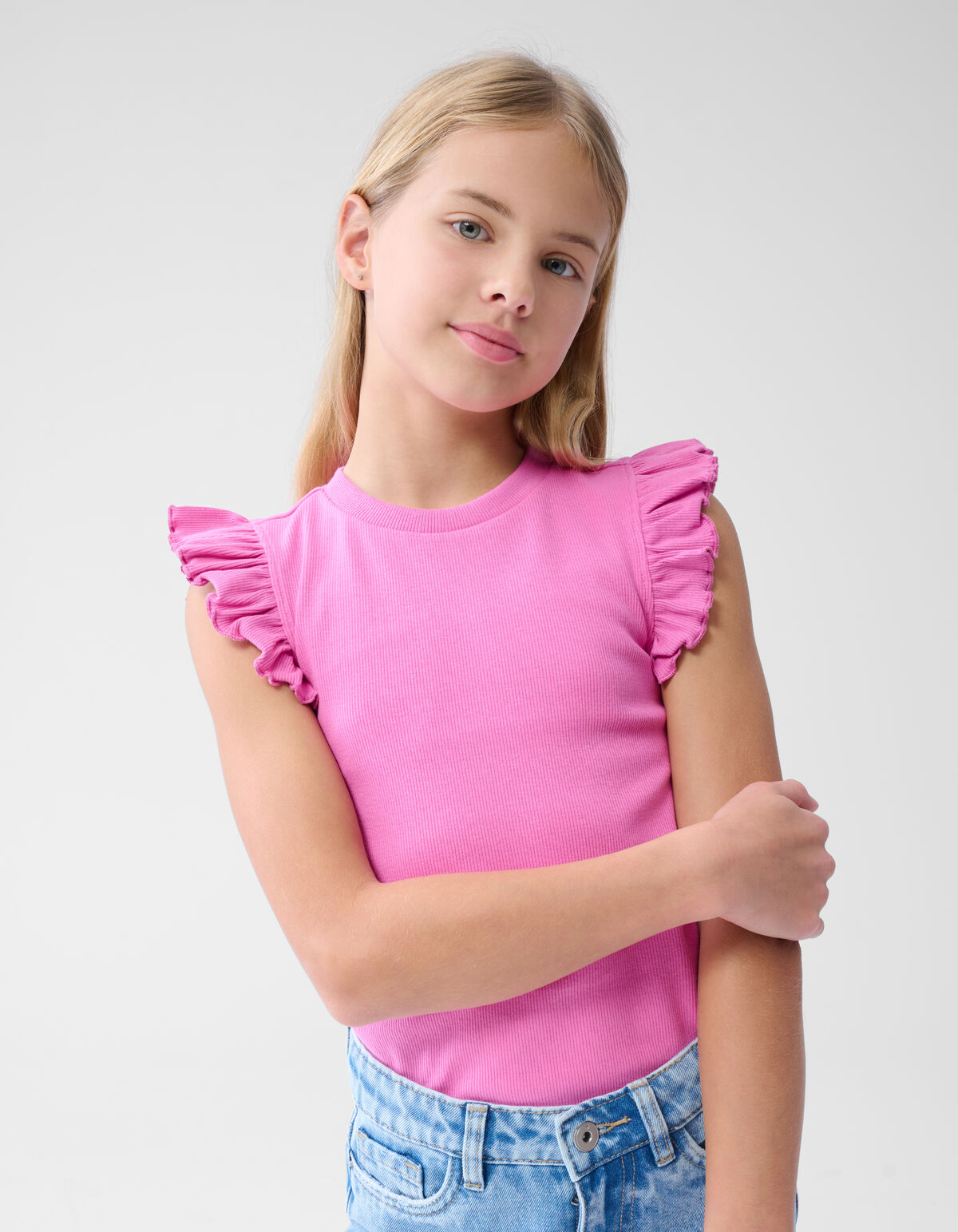 Ruffle Rib Top Roze SHOEBY GIRLS