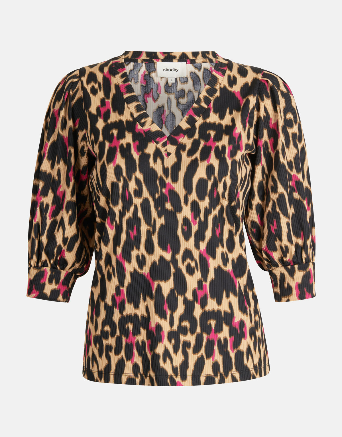 Leopard Rib V-hals Top Bruin SHOEBY WOMEN