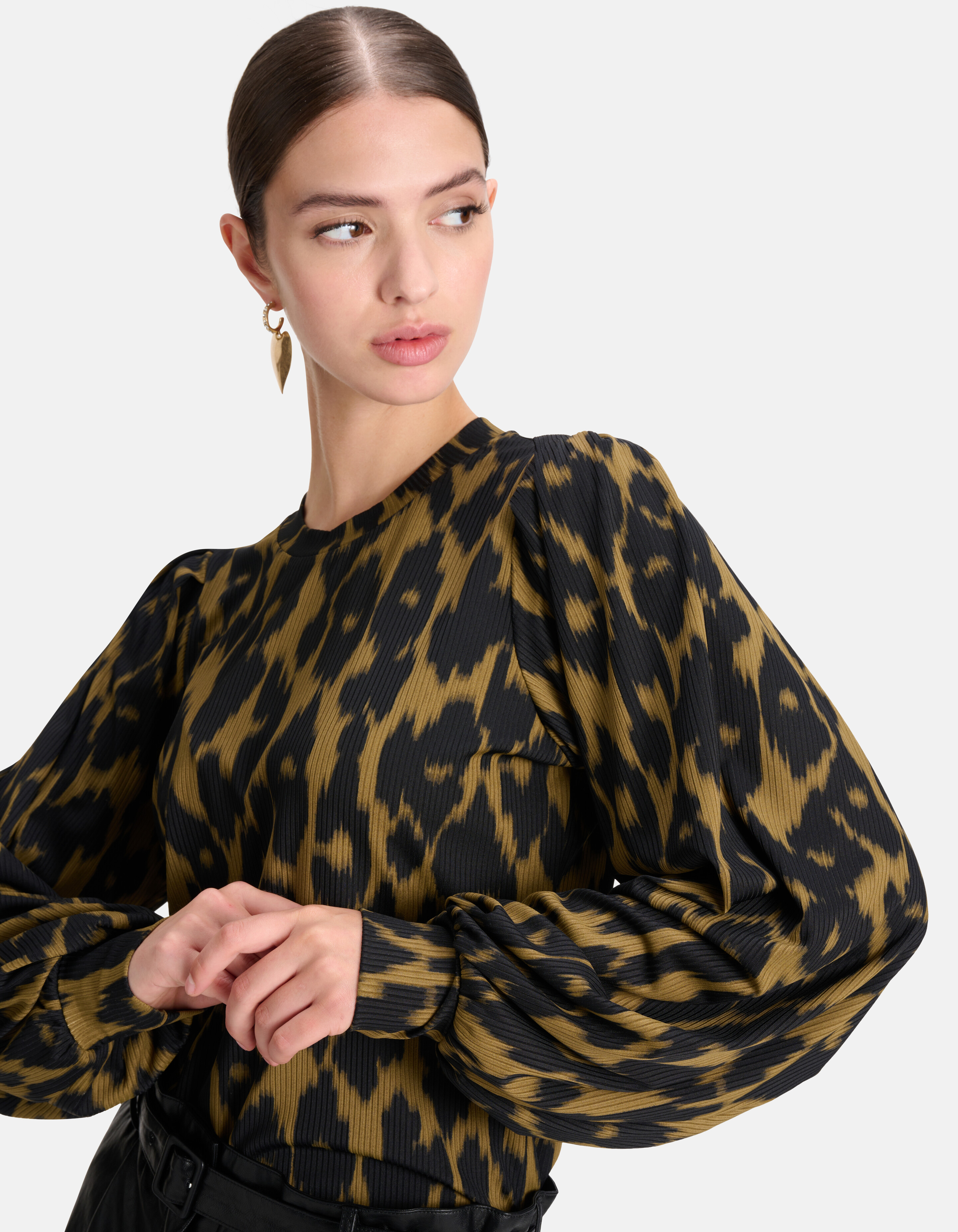 Leopard Rib T-shirt Lange Mouwen Donkergroen SHOEBY WOMEN