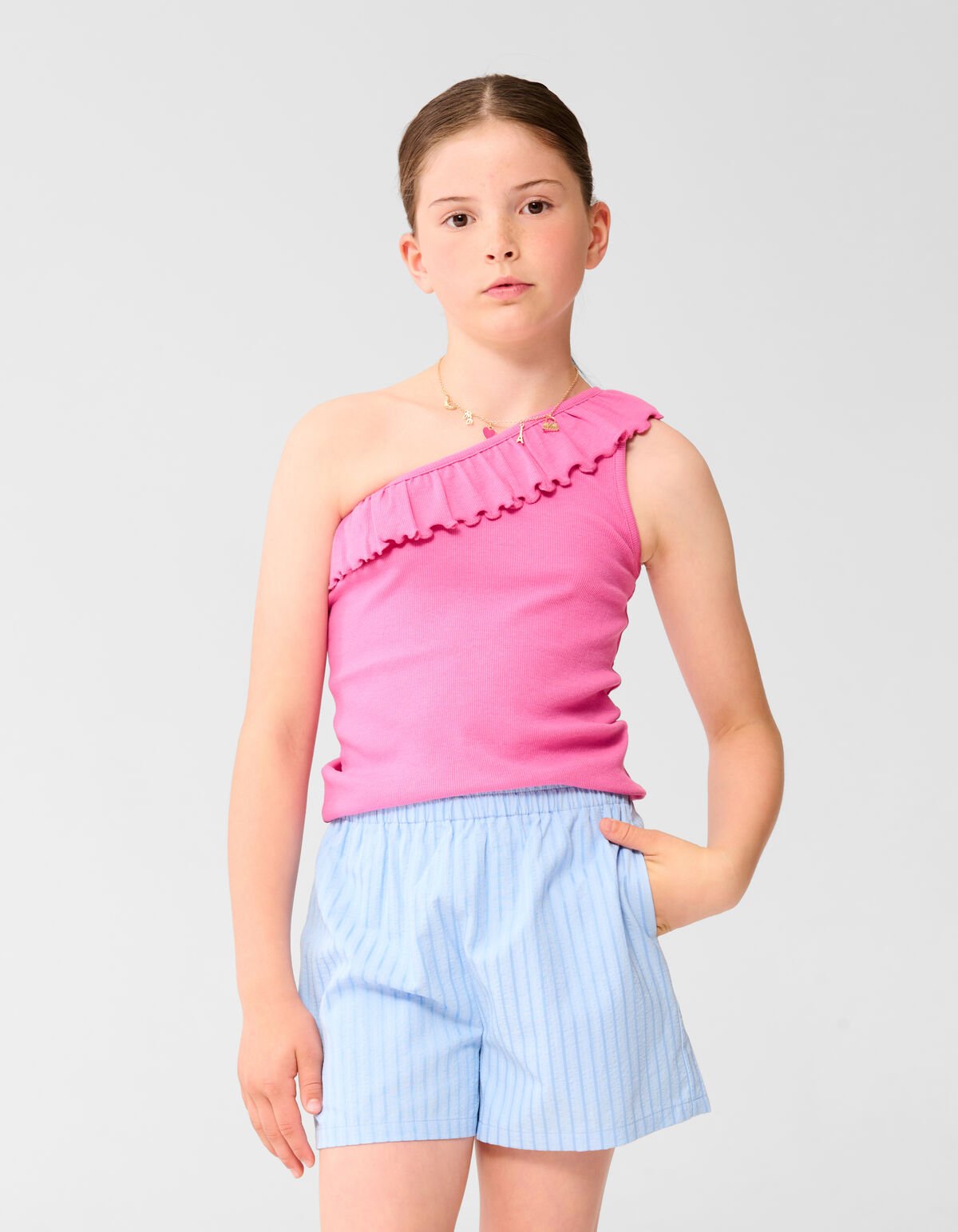 One Shoulder Rib Top Roze SHOEBY GIRLS