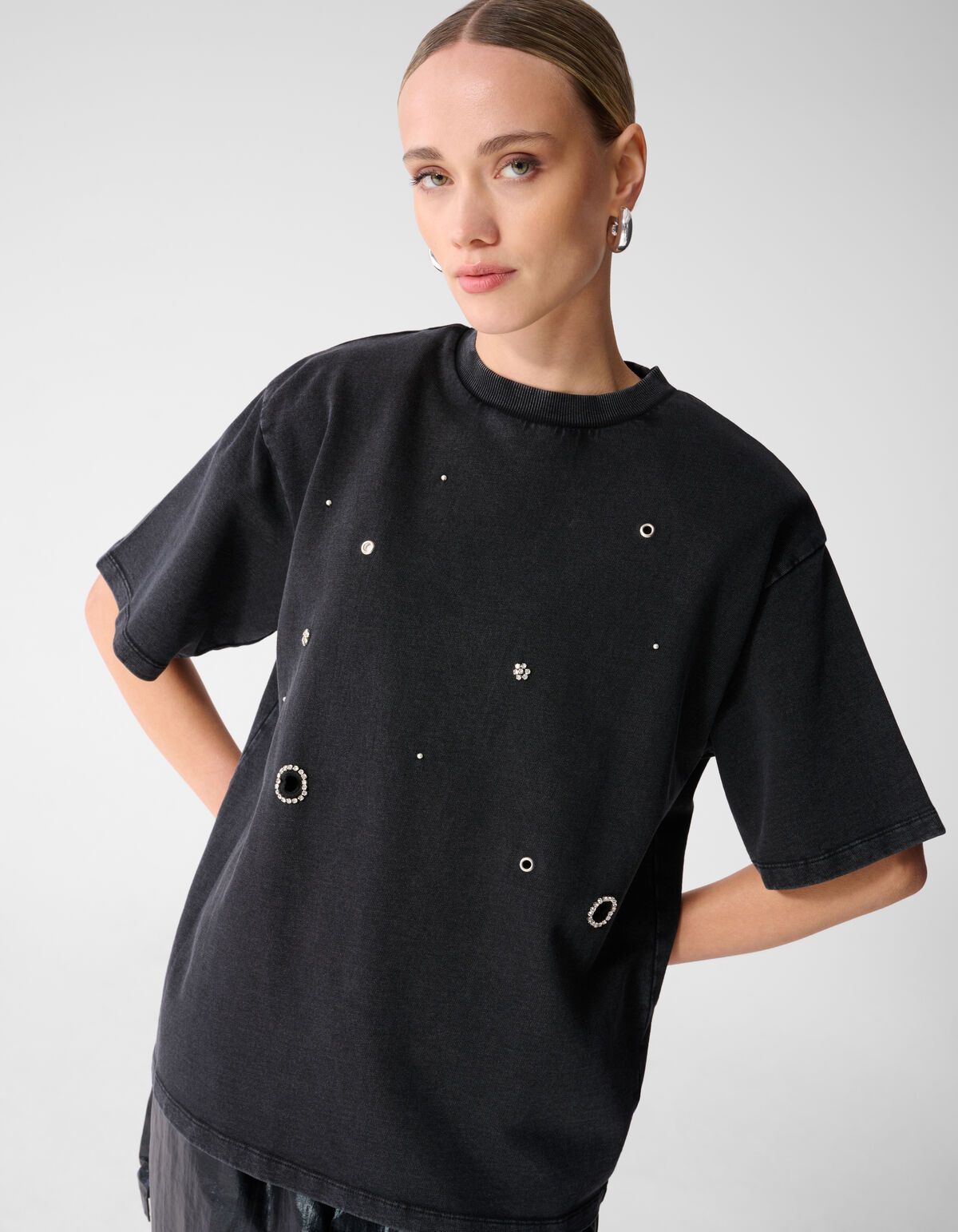 Oversized Embellished T-shirt Donkergrijs SHOEBY WOMEN