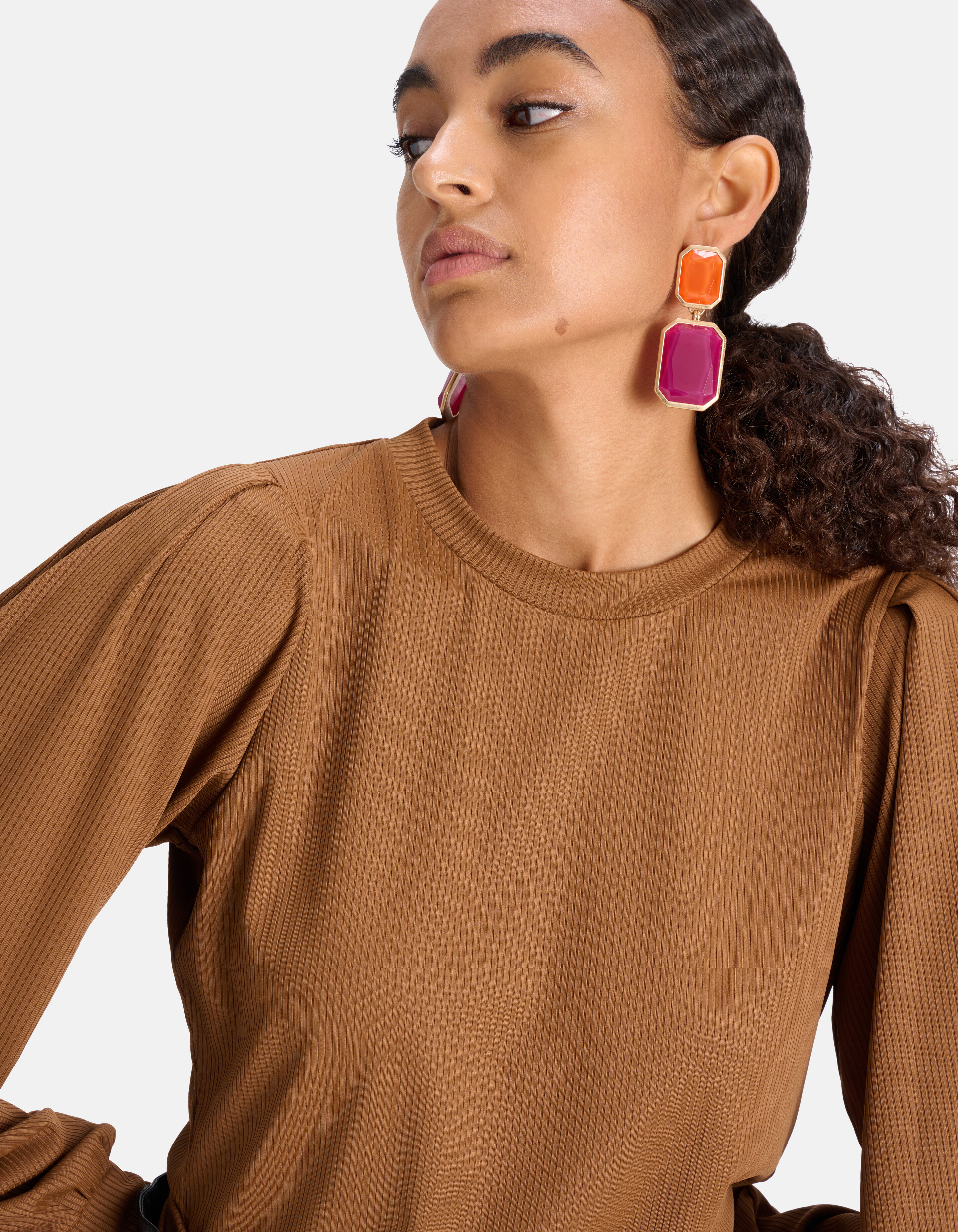 Rib Jersey Lange Mouwen T-shirt Bruin SHOEBY WOMEN