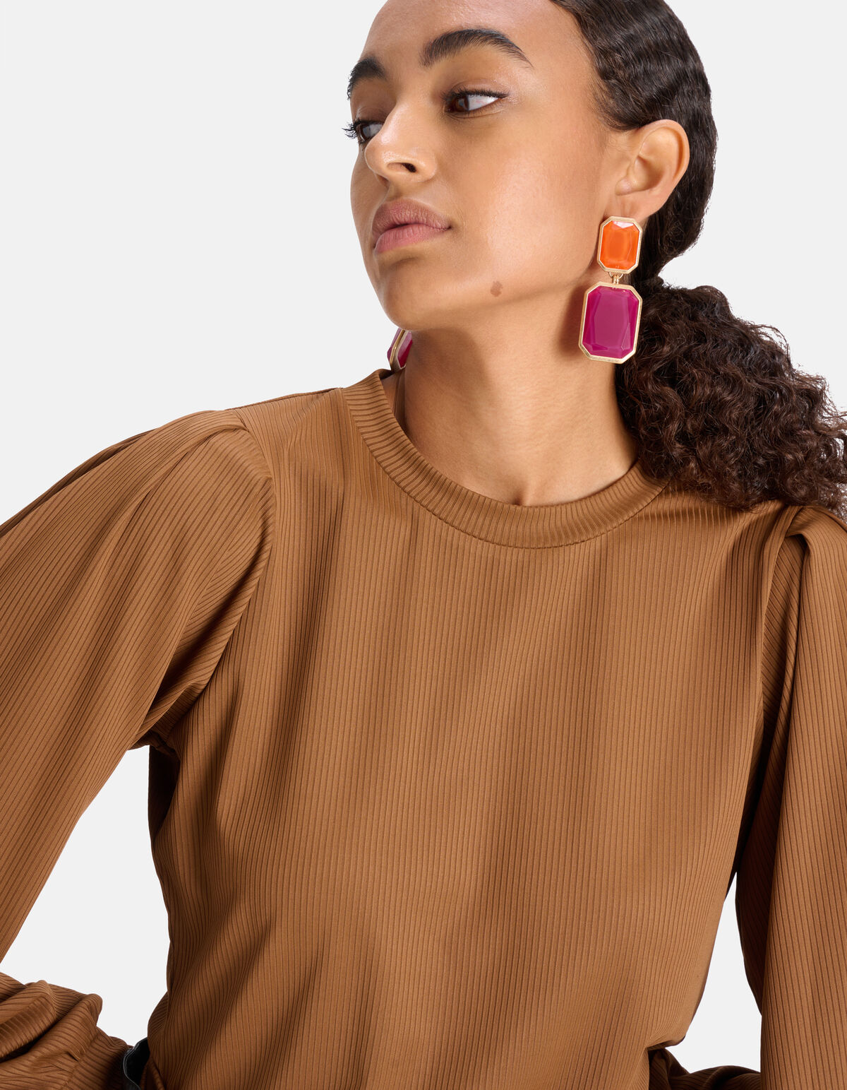 Rib Jersey Lange Mouwen T-shirt Bruin SHOEBY WOMEN
