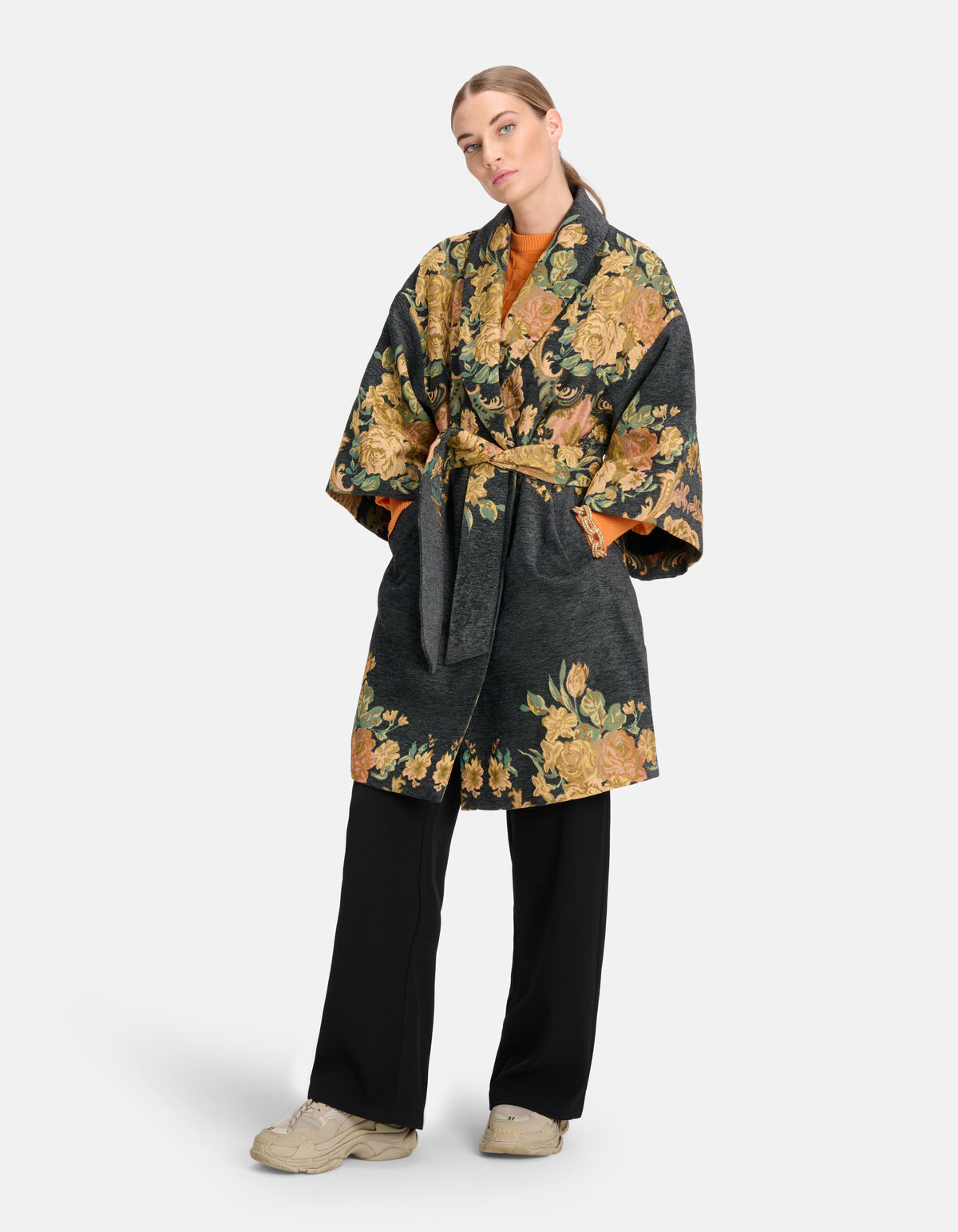 Jacquard Bloemenprint Kimono Donkergrijs SHOEBY WOMEN