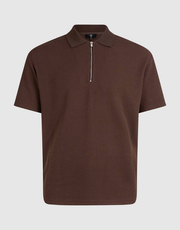 Stripe Structuur Zip Polo Donkerbruin SHOEBY MEN