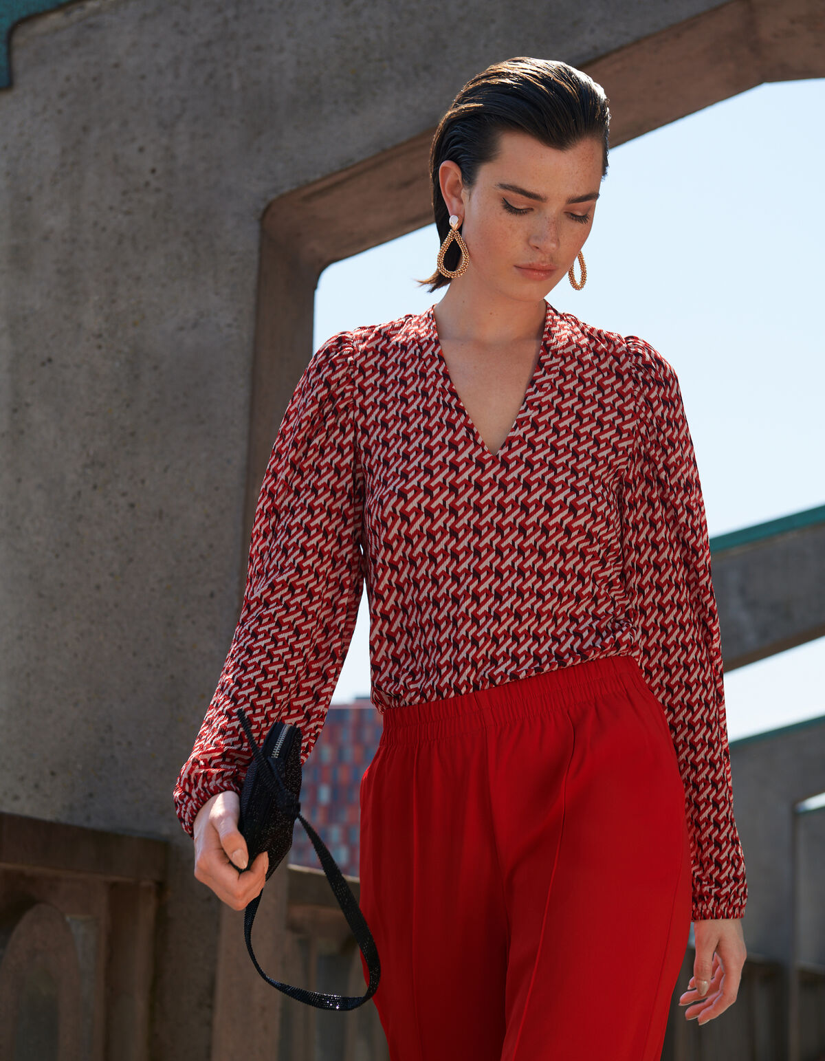 Grafische Crinkle Top Rood SHOEBY WOMEN