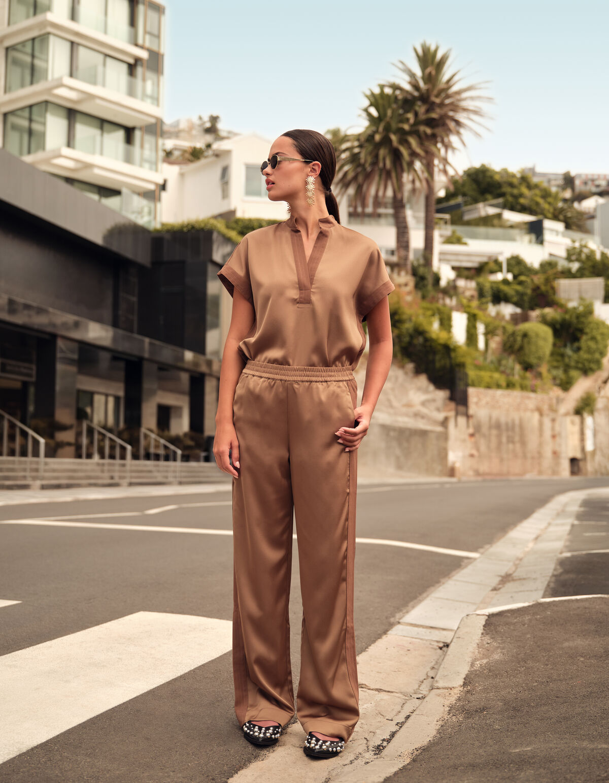 Satijnen Wide Leg Broek Camel SHOEBY WOMEN