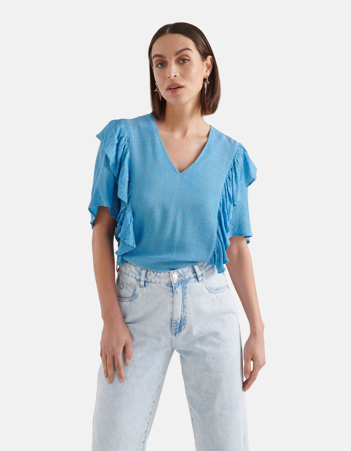 Ruffle Lurex Top Blauw SHOEBY WOMEN
