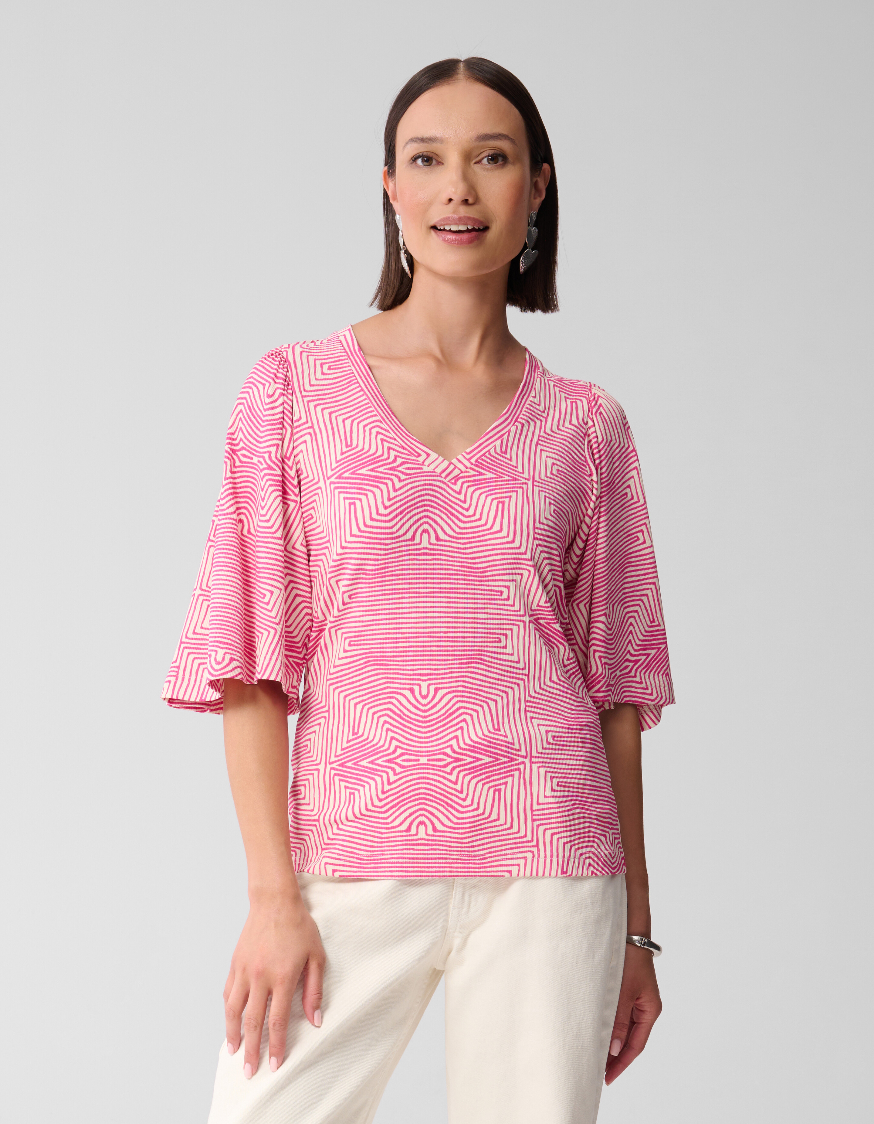 Printed Ruffle Rib Top Roze SHOEBY WOMEN