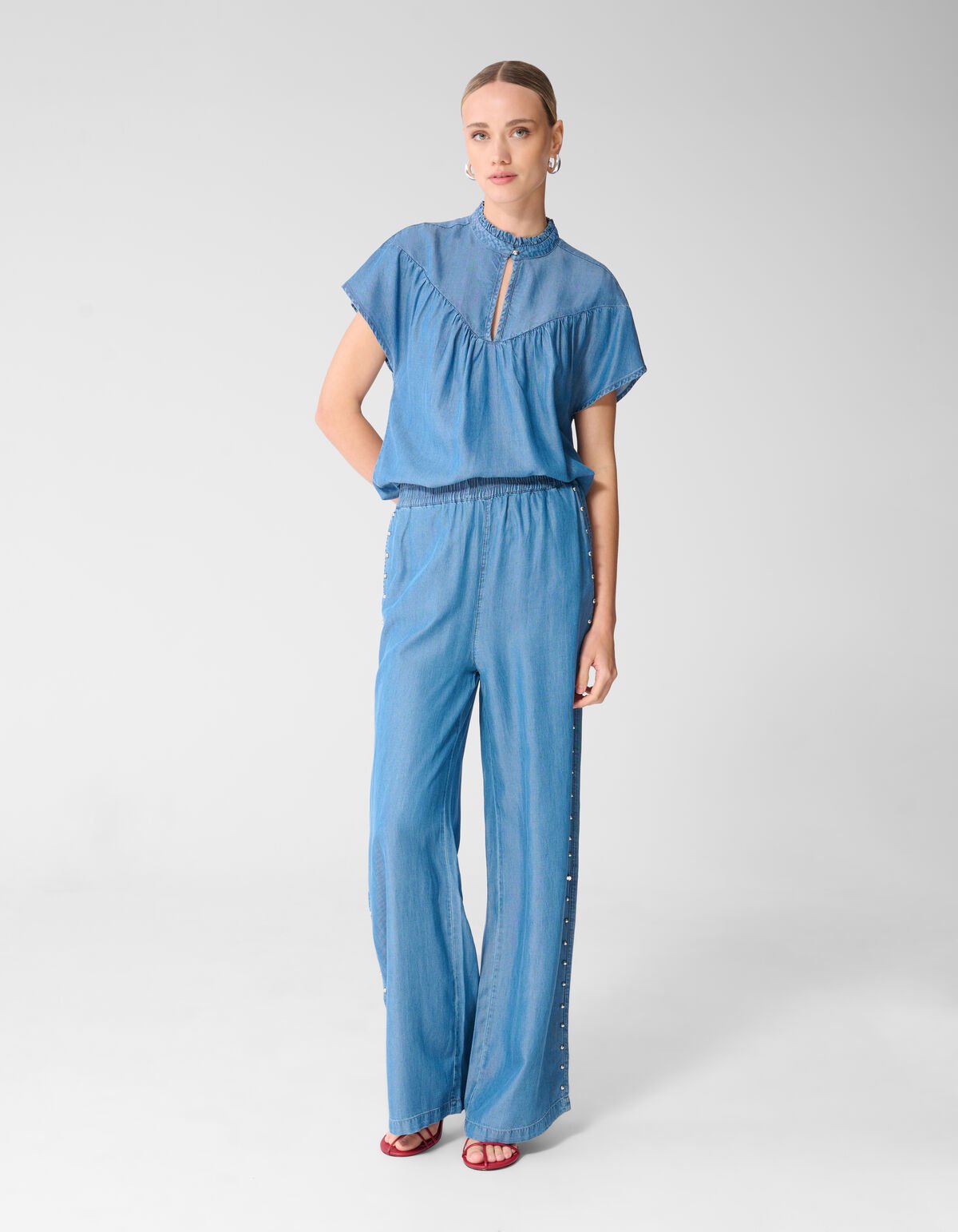 Stud Denim Ruffle Top Blauw SHOEBY WOMEN