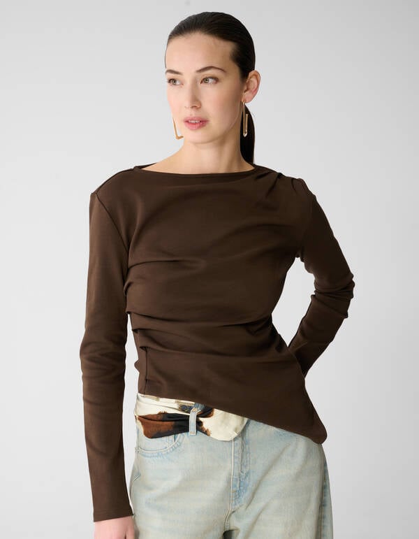 Drape Longsleeve Top Donkerbruin SHOEBY WOMEN