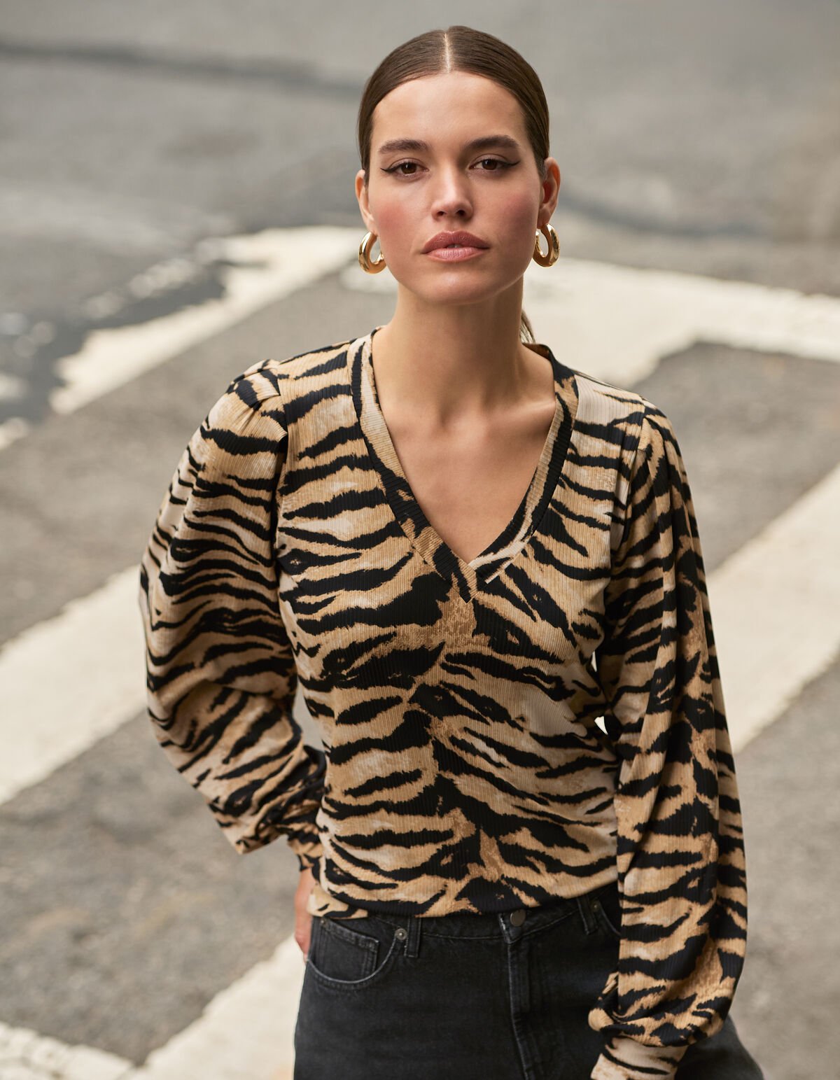 Tijgerprint Rib Jersey Top Bruin SHOEBY WOMEN