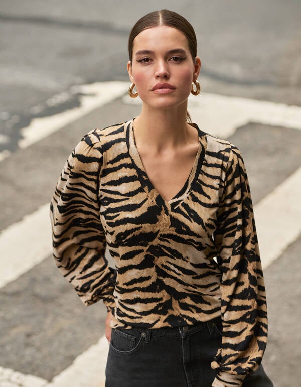 Tijgerprint Rib Jersey Top Bruin SHOEBY WOMEN