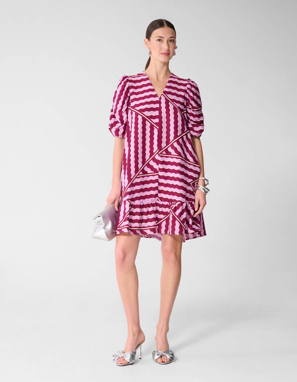 Wavy Printed Puffy Sleeve Mini Jurk Roze/Paars SHOEBY WOMEN