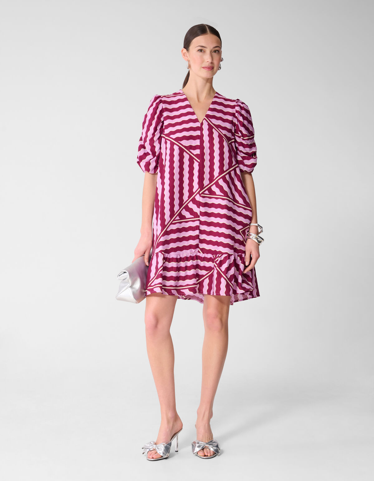 Wavy Printed Puffy Sleeve Mini Jurk Roze/Paars SHOEBY WOMEN