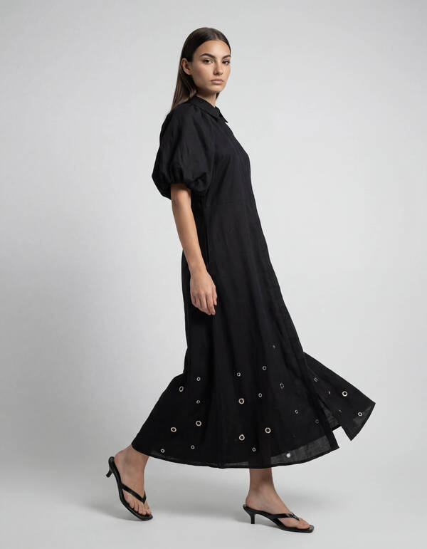 Linnen Eyelet Maxi Jurk Zwart SHOEBY WOMEN