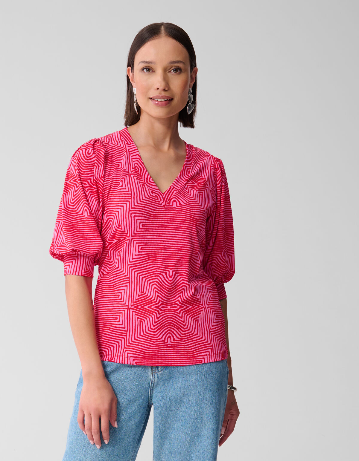 Printed Rib Jersey Top Roze/Rood SHOEBY WOMEN