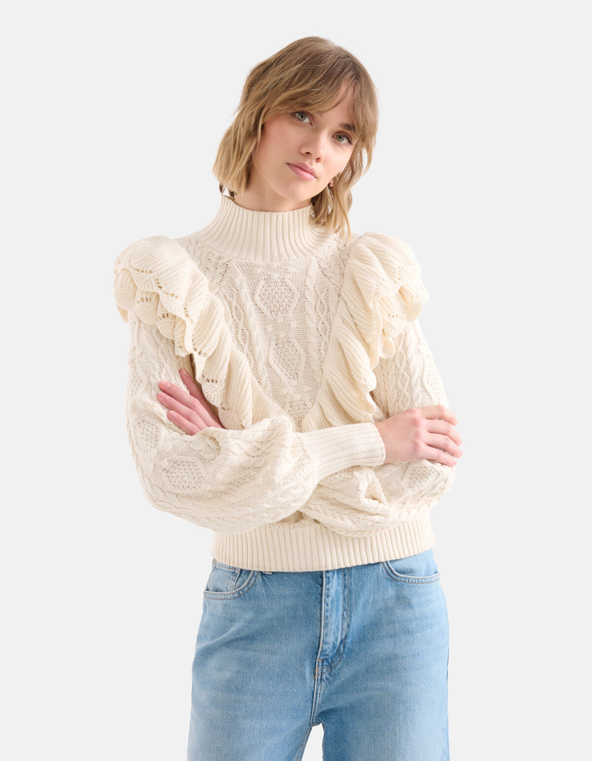 Ruffle Kabeltrui Gebroken Wit SHOEBY WOMEN