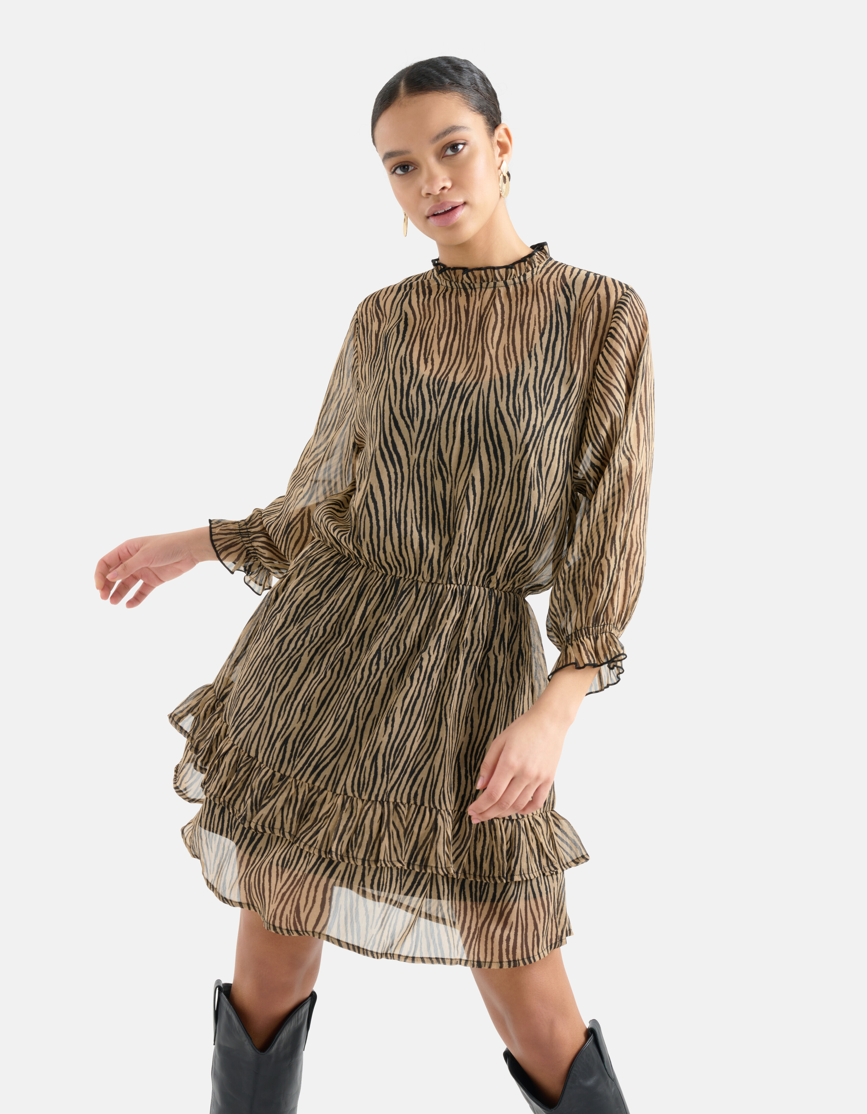 Printed Chiffon Jurk Zwart/Bruin SHOEBY WOMEN