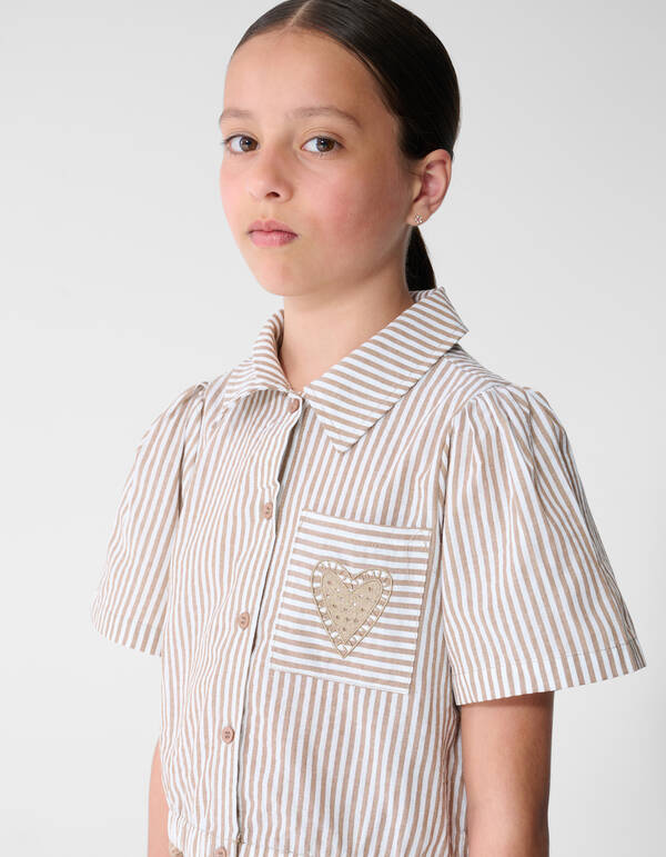 Pinstripe Embroidery Blouse Bruin SHOEBY GIRLS