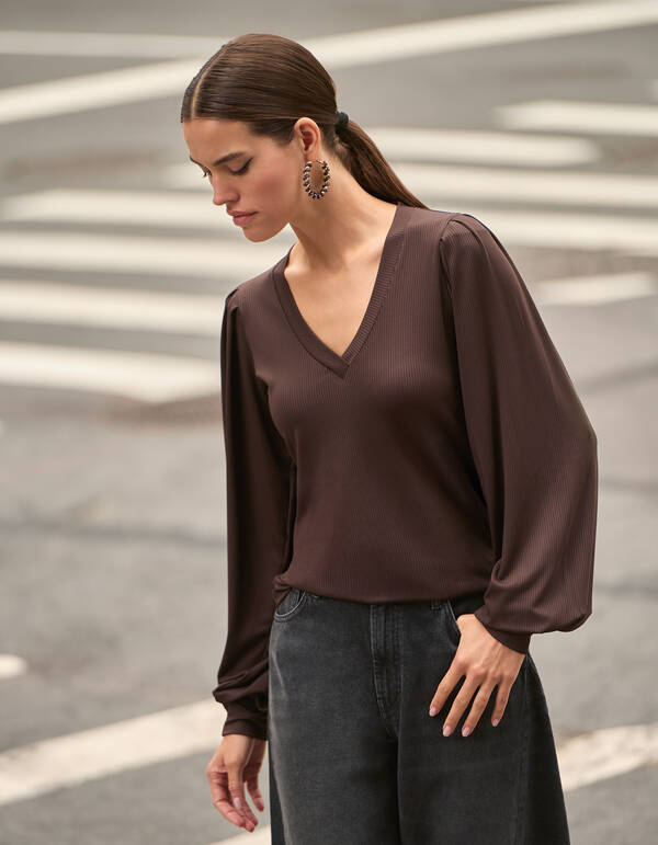 Rib Jersey Top Donkerbruin SHOEBY WOMEN